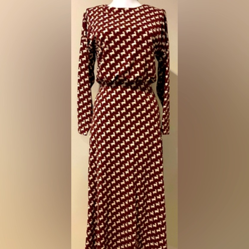Ann Taylor burgundy and cream horse print midi dress